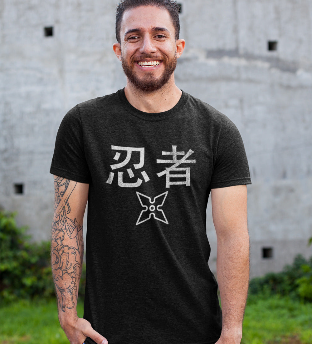 White T-Shirt with a Worn-Out Ninja Design