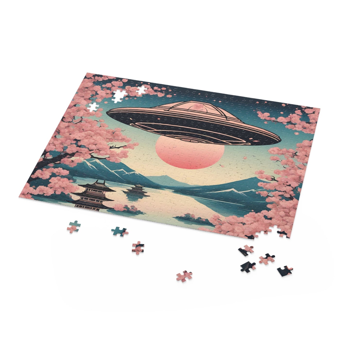 500-Piece Jigsaw Puzzle Featuring Retro Cherry Blossoms and Extraterrestrial Art