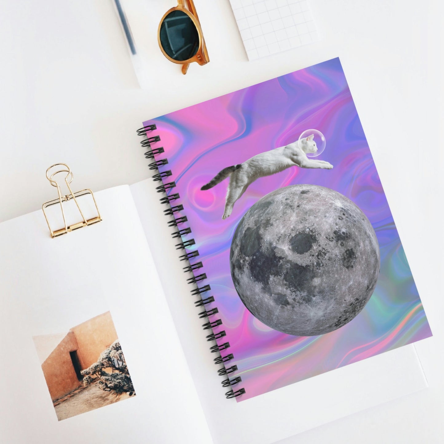 Feline Space Explorer Leaping Above Lunar Surface Notebook