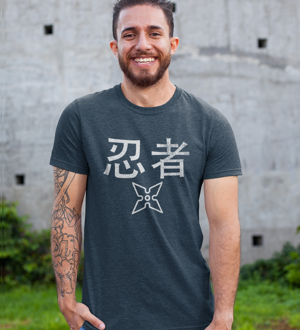 White T-Shirt with a Worn-Out Ninja Design