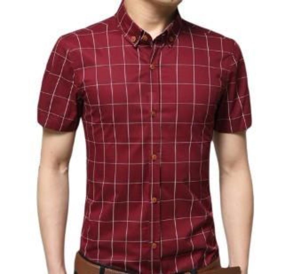 White Checkered Button-Up Shirt for Men with Short Sleeves