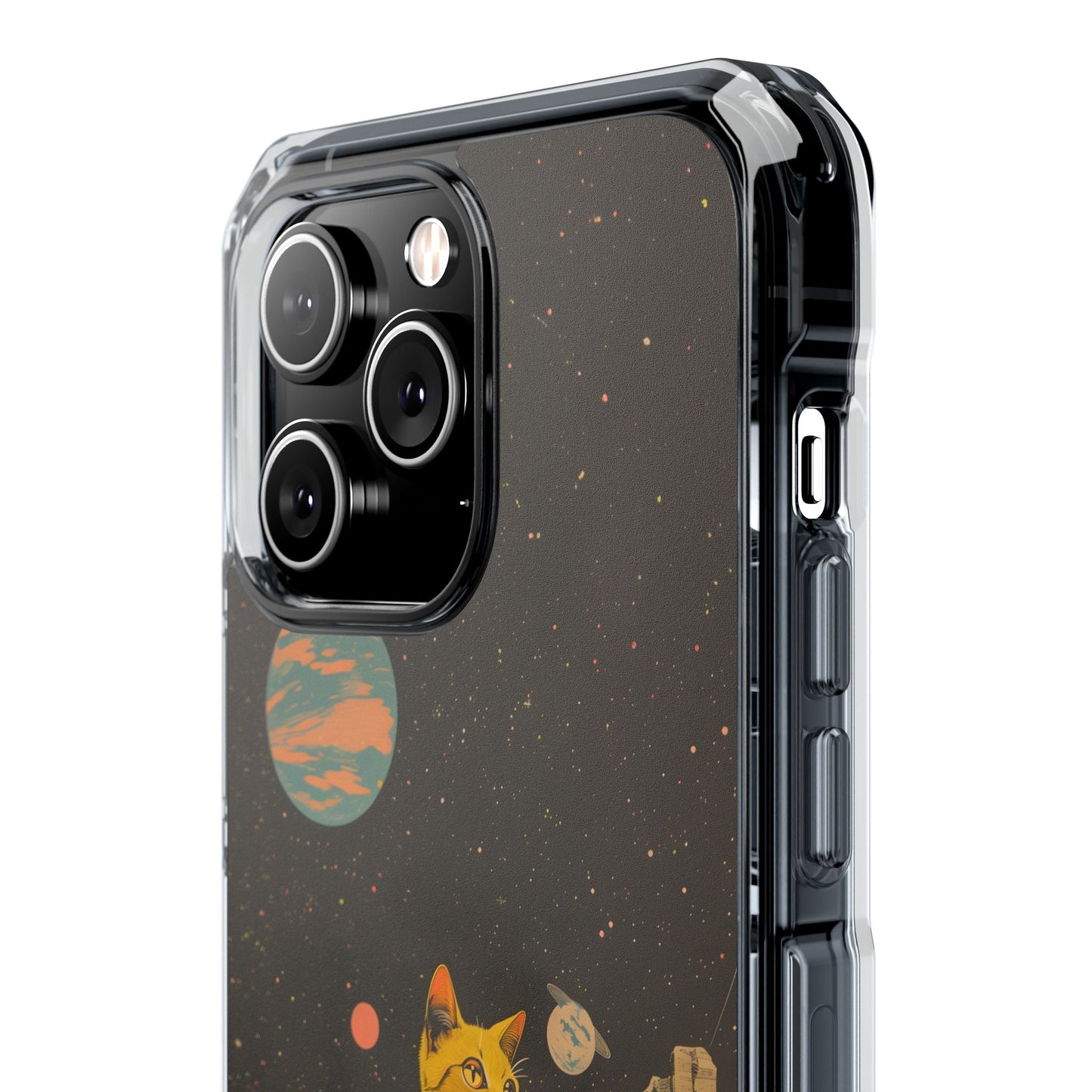 Clear Magnetic Case for iPhone Series with Vintage Feline Astronaut Design