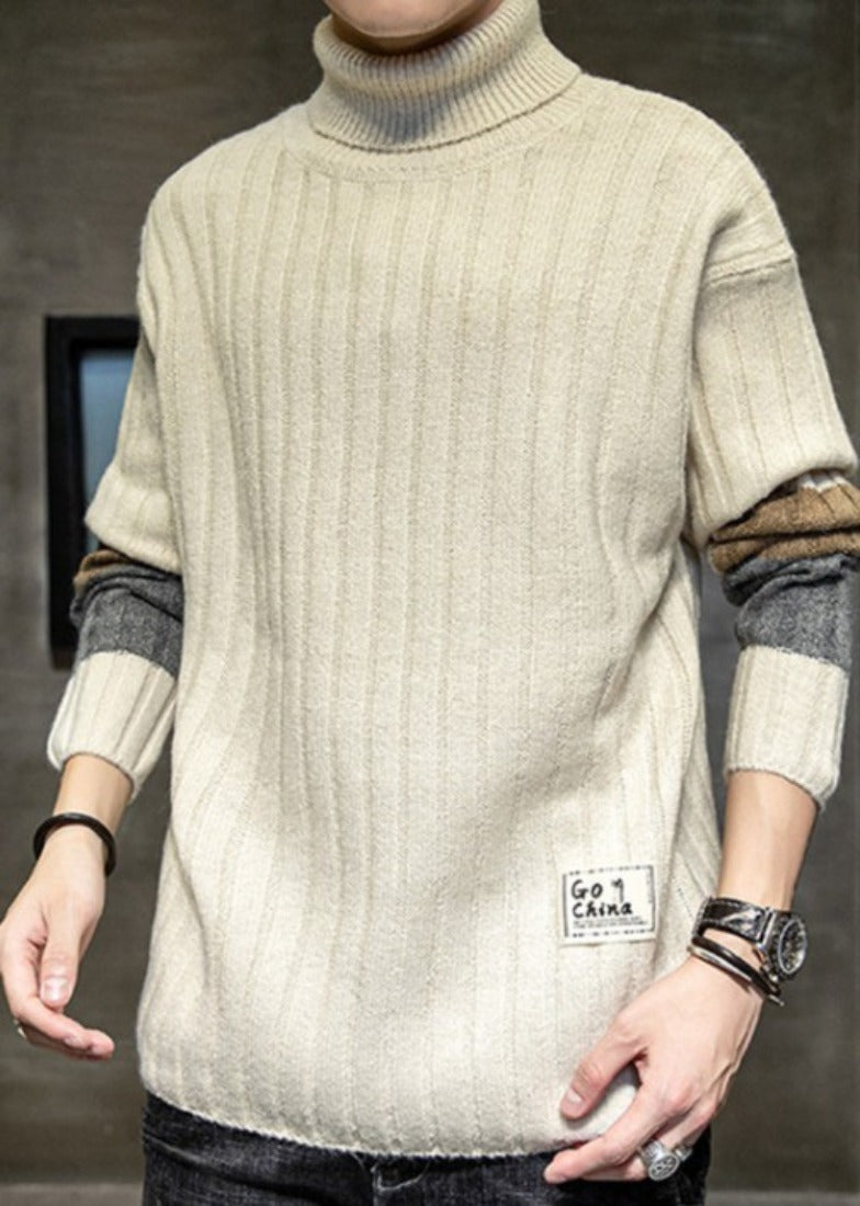Stripe Sleeve Men's Turtleneck Sweater for Casual Wear