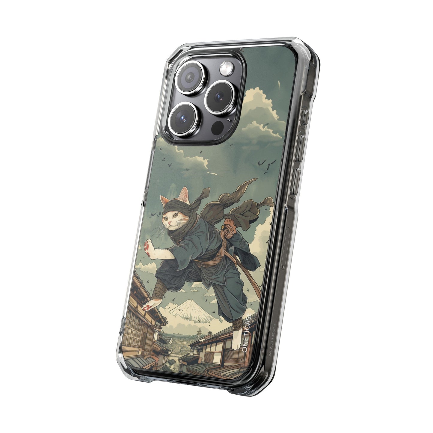 Stealthy Magnetic Clear Case for iPhone Series with Ninja Feline Design