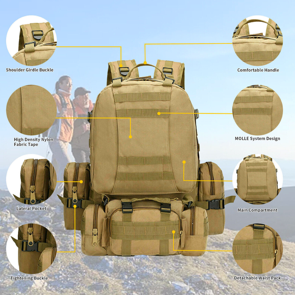 55L Waterproof Backpack for Outdoor Activities with Military-Inspired Design