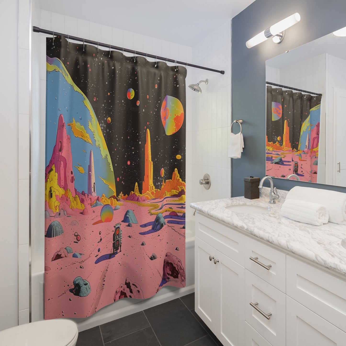 Shower Curtain Featuring Vintage Robot in Space Design