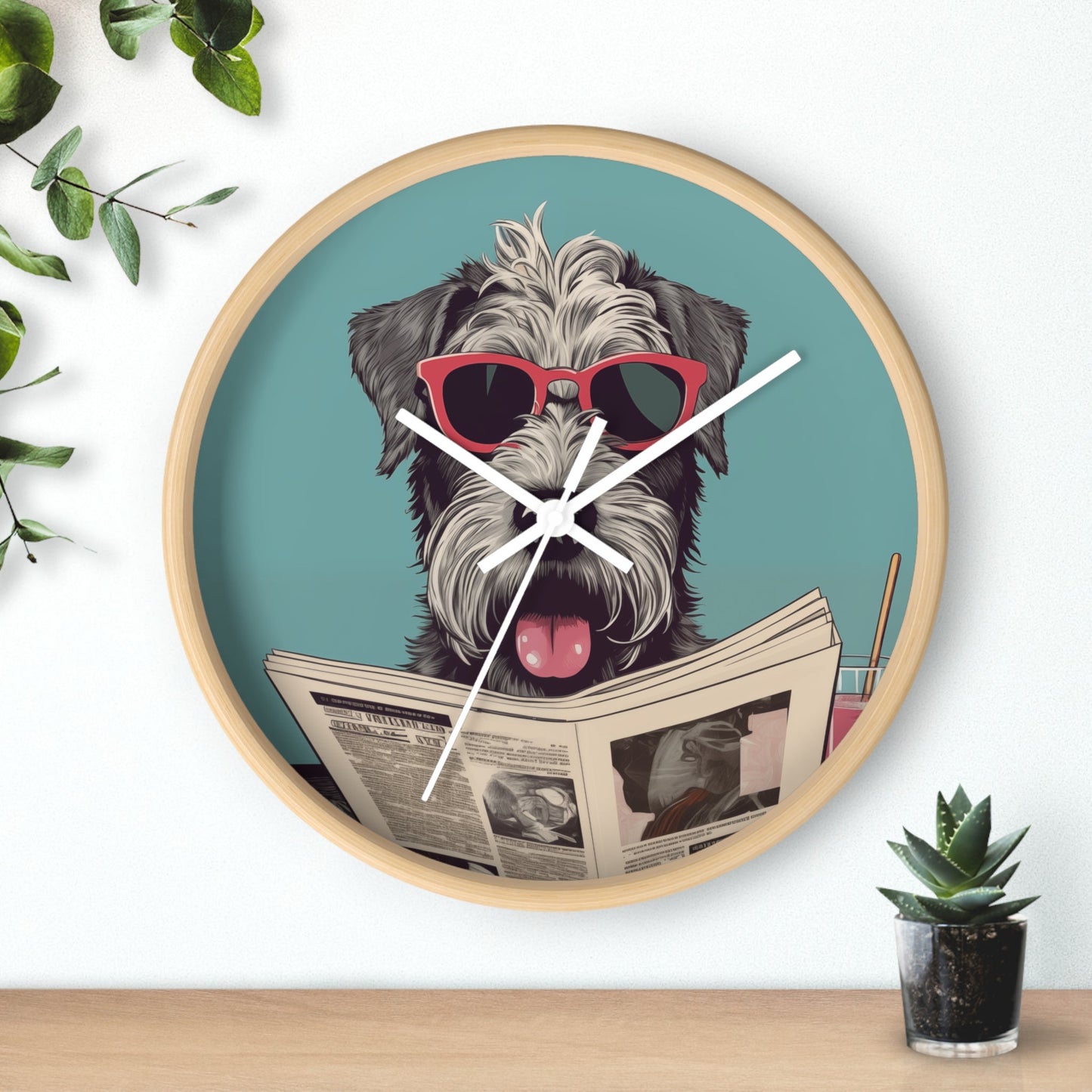 Reading Schnauzer Wall Clock - Stay punctual and add a touch of canine charm to your home or office with this unique wall clock featuring a Schnauzer catching up on the latest news.