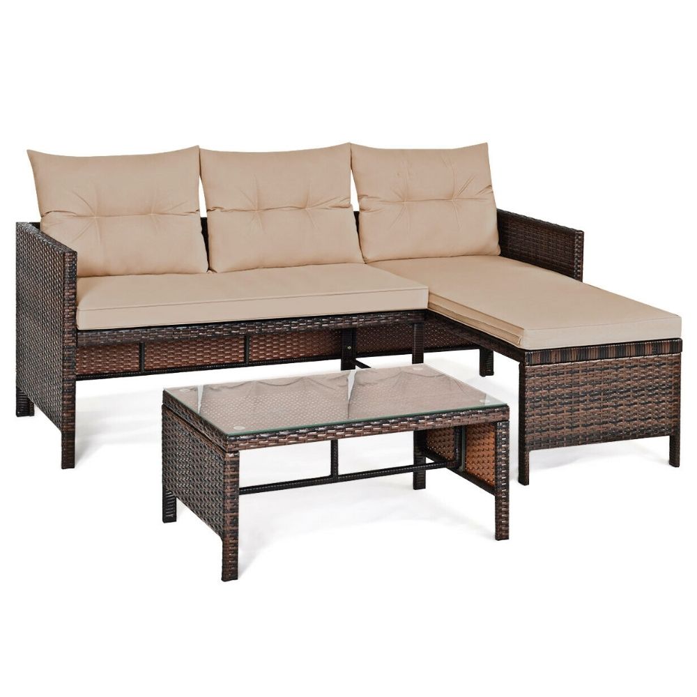 Wicker Outdoor Sofa Set with Coffee Table and Footrest for Three People