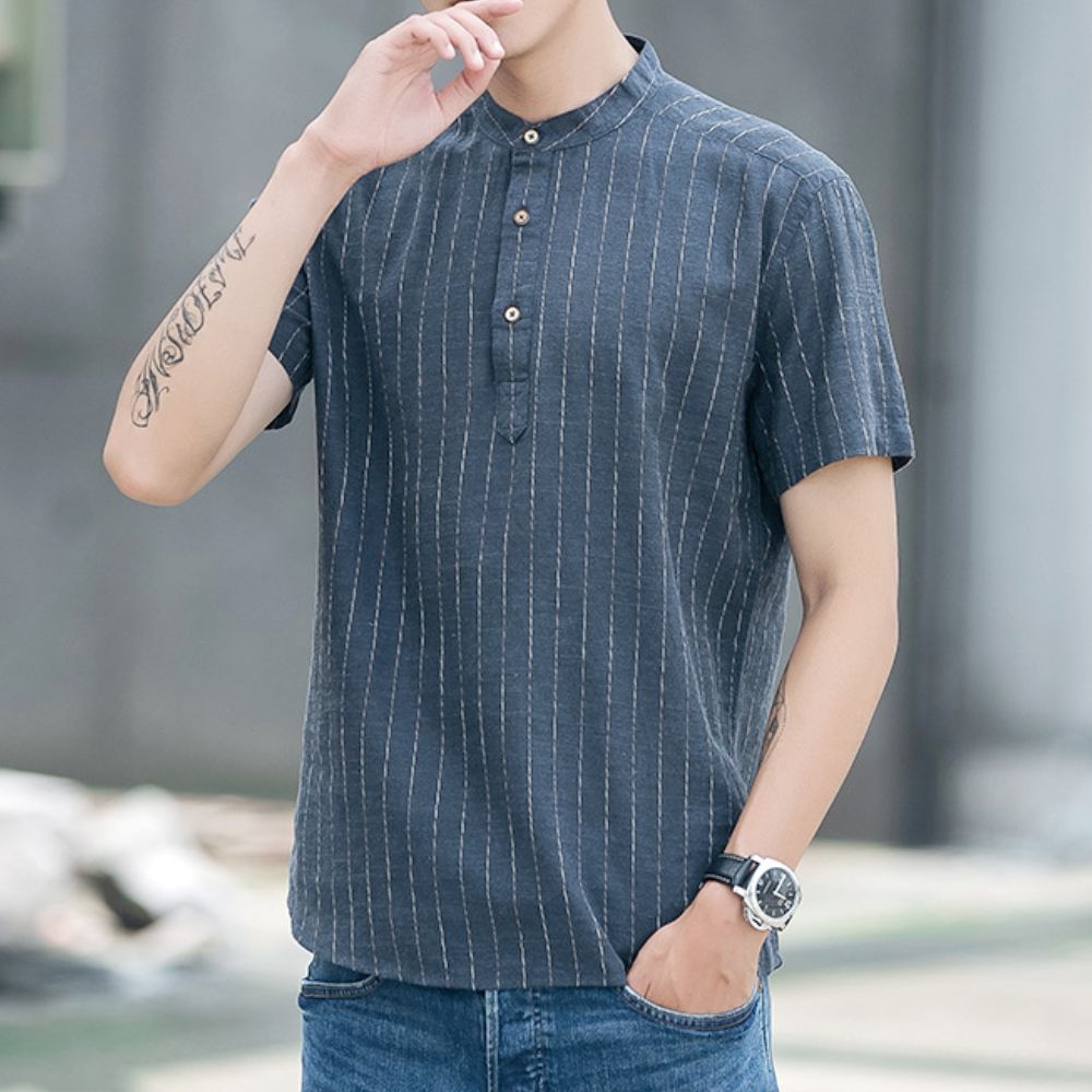 Short Sleeve Linen Striped Shirt for Men