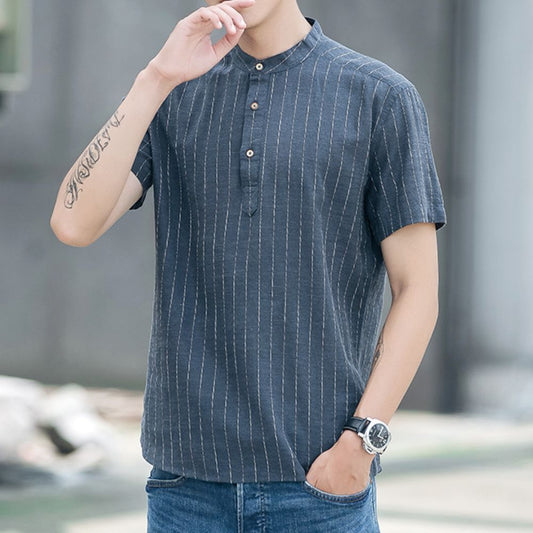 Short Sleeve Linen Striped Shirt for Men