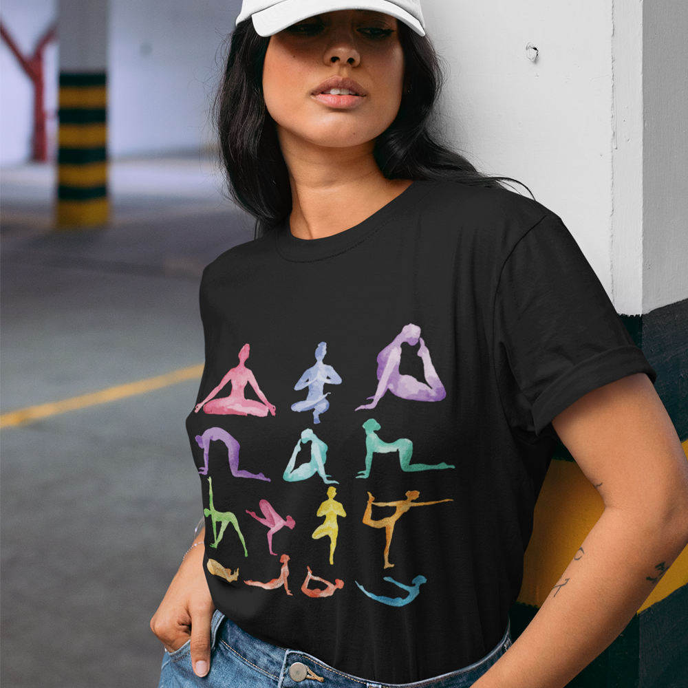 Short Sleeve Tee Featuring Yoga Postures Print