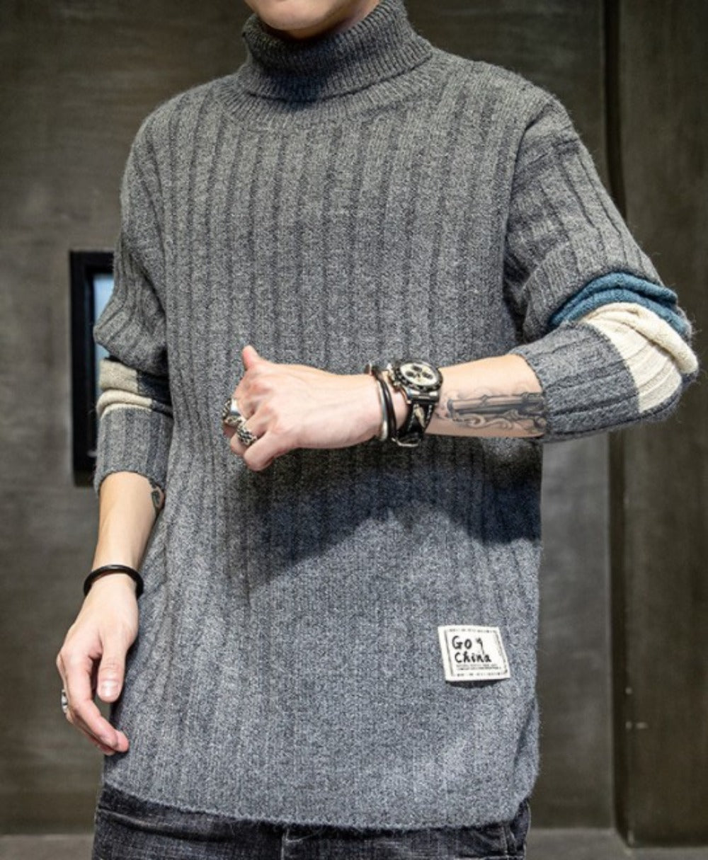 Stripe Sleeve Men's Turtleneck Sweater for Casual Wear