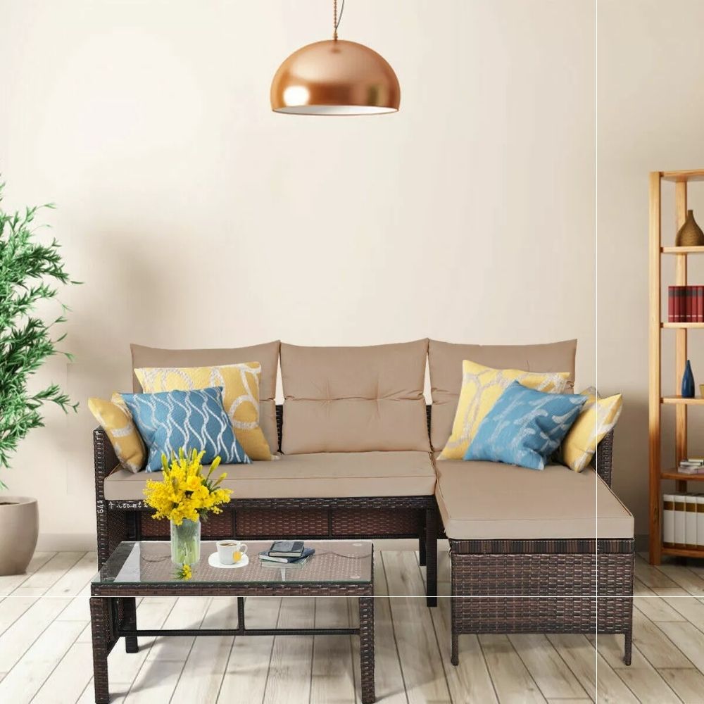 Wicker Outdoor Sofa Set with Coffee Table and Footrest for Three People