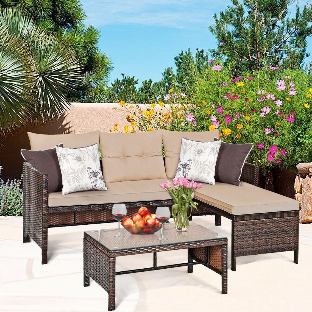 Wicker Outdoor Sofa Set with Coffee Table and Footrest for Three People