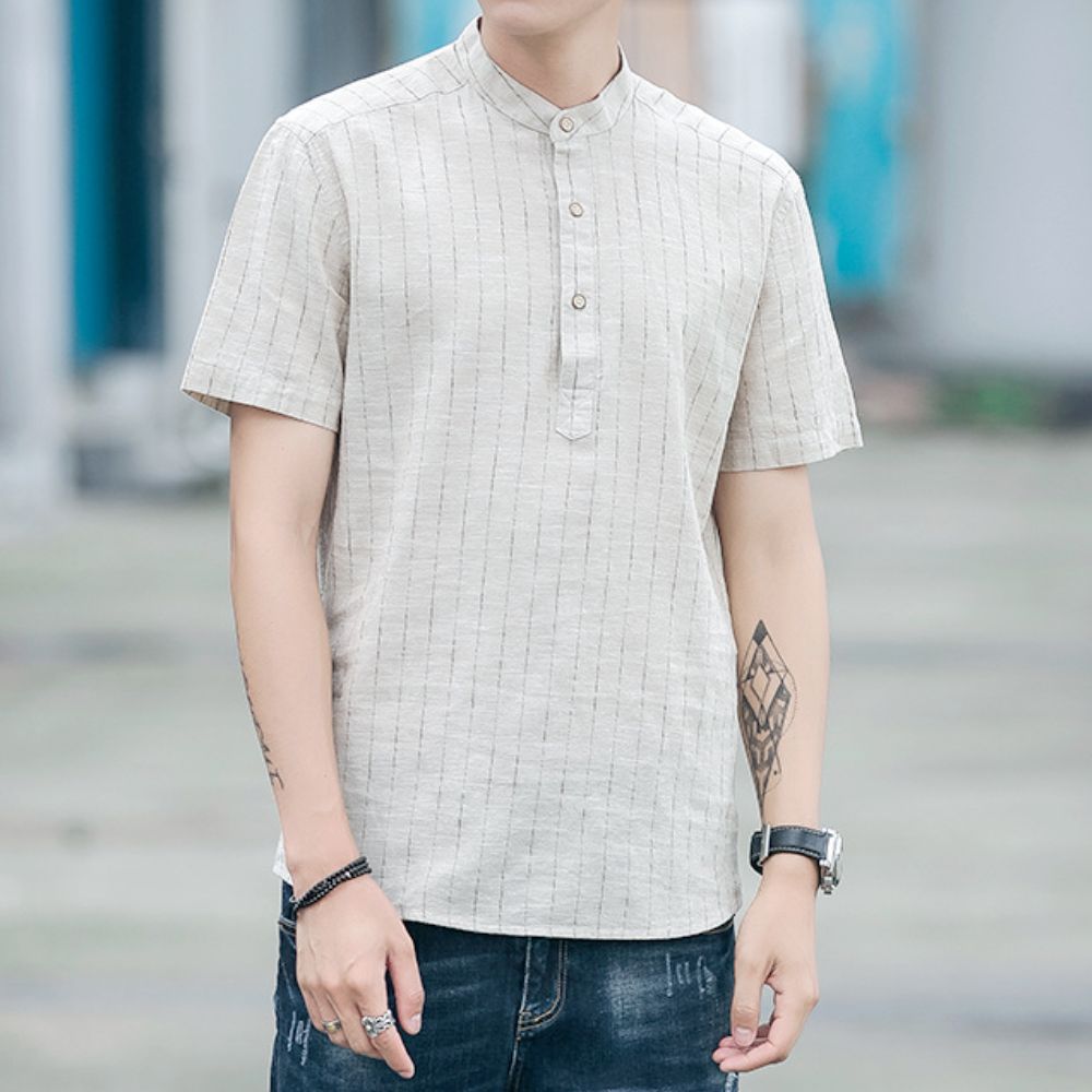 Short Sleeve Linen Striped Shirt for Men