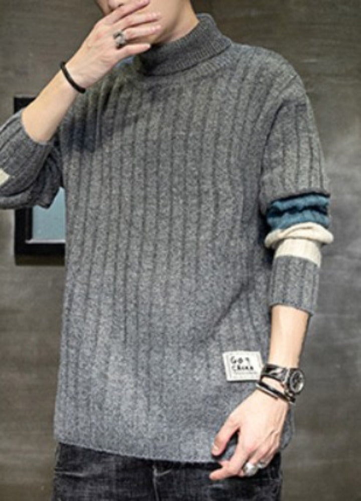 Stripe Sleeve Men's Turtleneck Sweater for Casual Wear