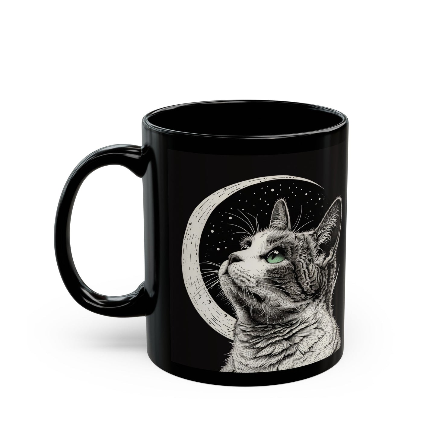 Black Ceramic Mug with Crescent Moon and Cat Design for Coffee and Tea