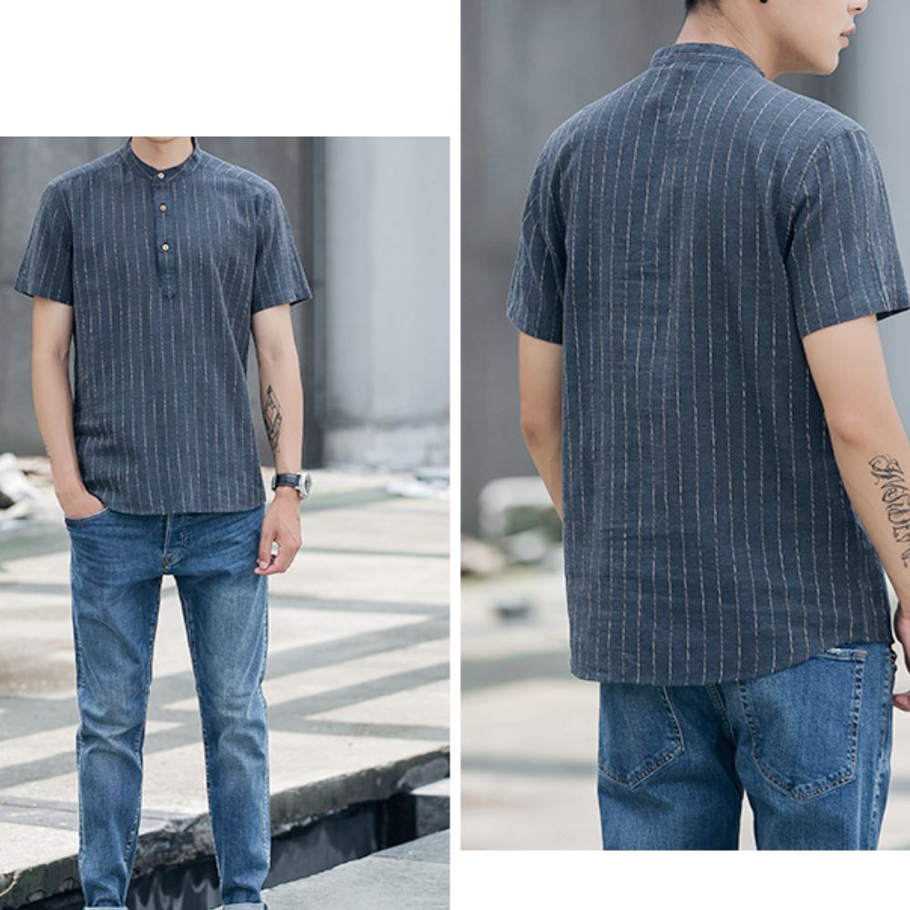 Short Sleeve Linen Striped Shirt for Men
