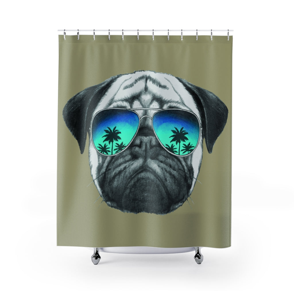 Beige Shower Curtains featuring a Pug Wearing Sunglasses
