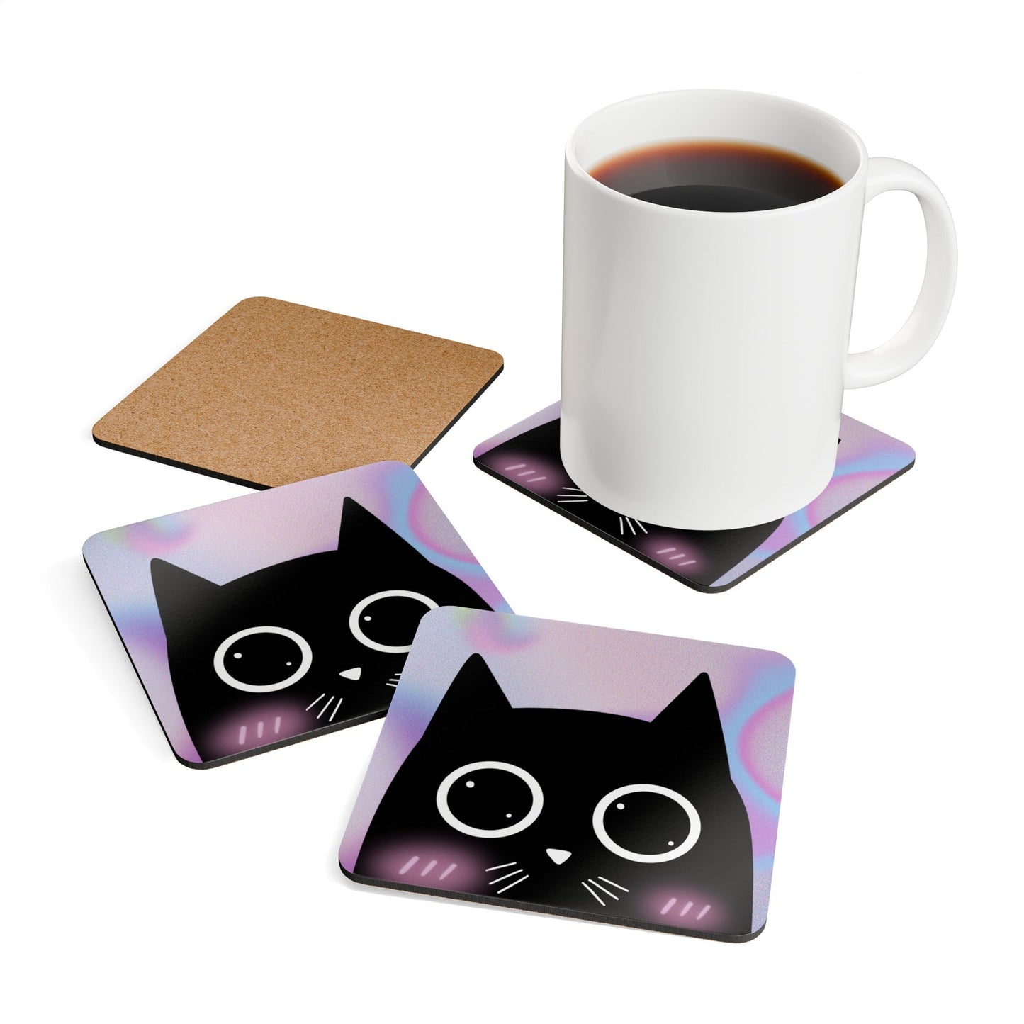 Coaster Set for Cat Lovers - Adorable Blushing Kitty Design (4 Pieces)