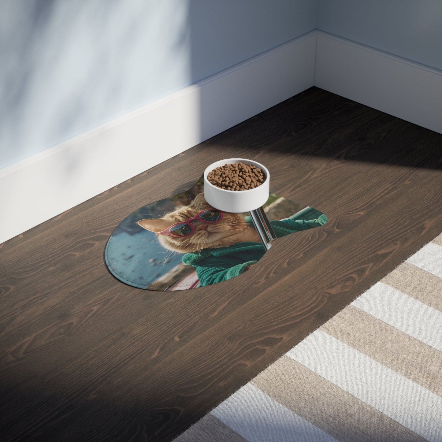 Sunglass-Wearing Feline Pet Food Mats - Available in 3 Sizes