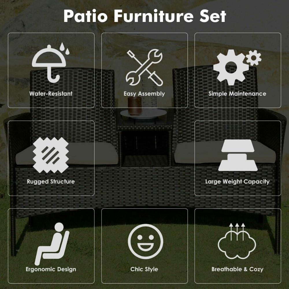 Outdoor Rattan Patio Love Seat with Side Table