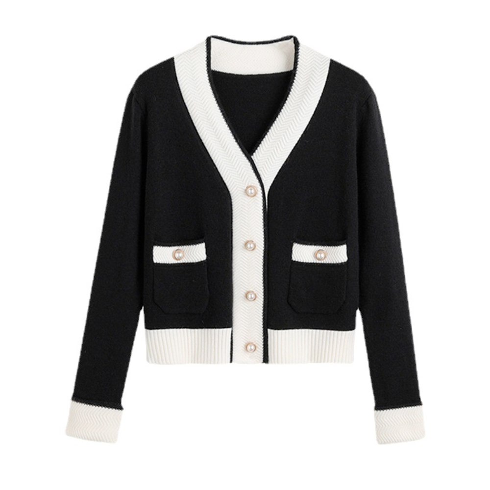 Women's V-Neck Contrast Sleeve Cardigan