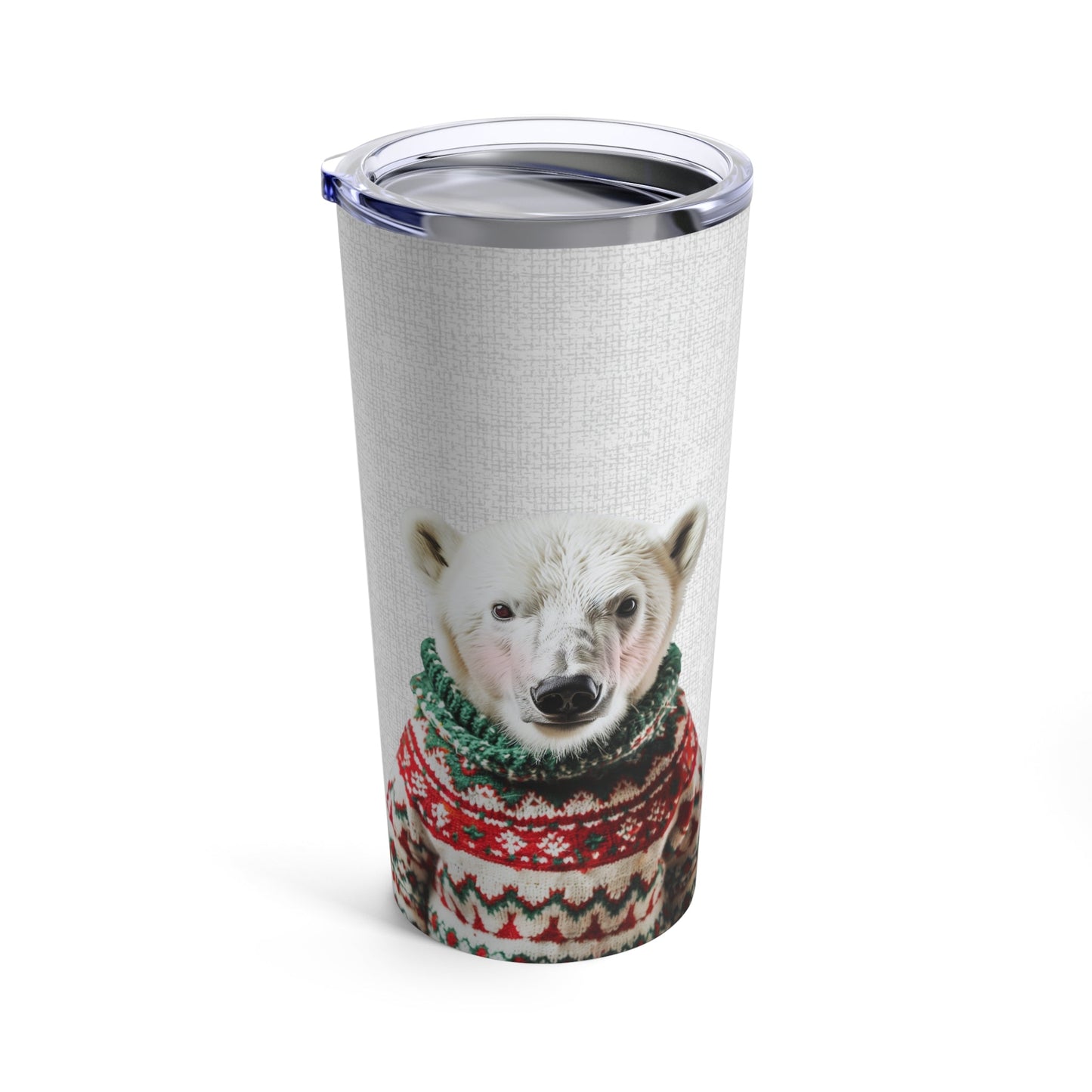 20oz Tumbler with a Christmas Sweater-Clad Polar Bear in Rosy Hue