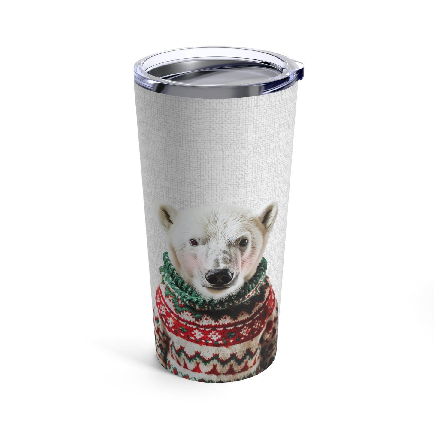 20oz Tumbler with a Christmas Sweater-Clad Polar Bear in Rosy Hue