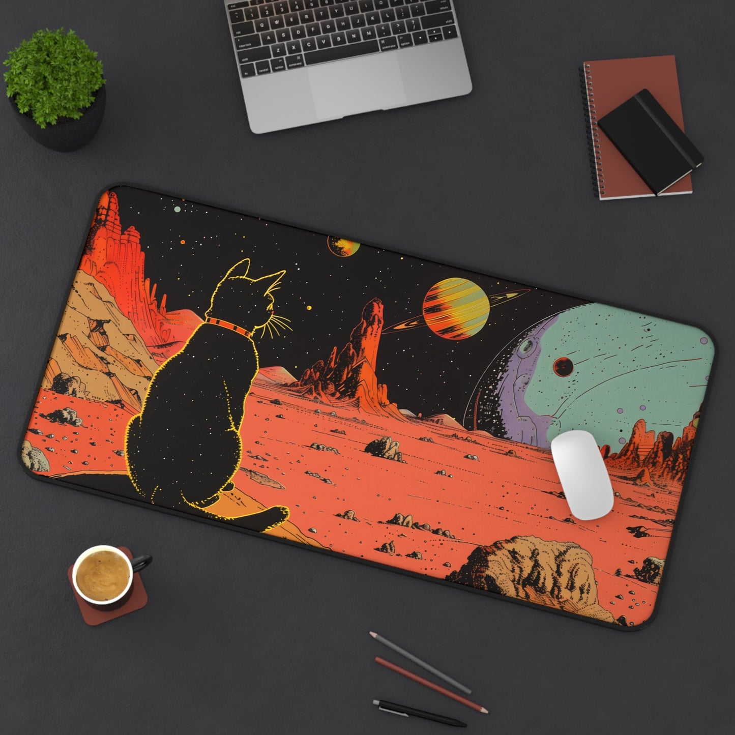 Large Mouse Pad with Retro Galaxy Cat Design - Available in 2 Sizes