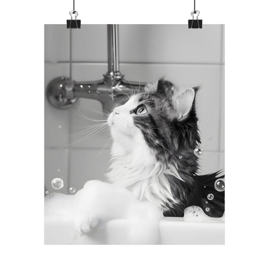 Bathroom Wall Art Print featuring Feline in Tub Decoration