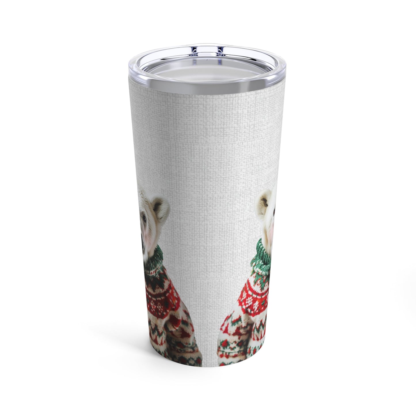 20oz Tumbler with a Christmas Sweater-Clad Polar Bear in Rosy Hue