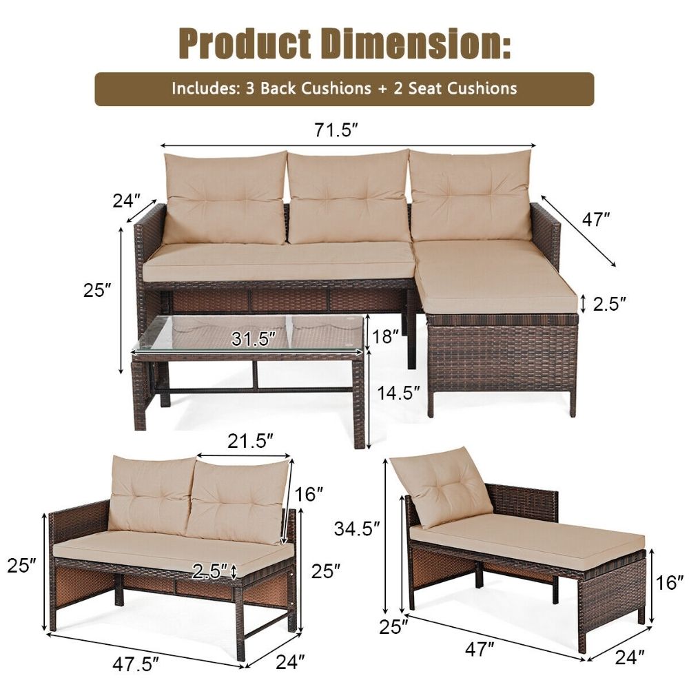 Wicker Outdoor Sofa Set with Coffee Table and Footrest for Three People