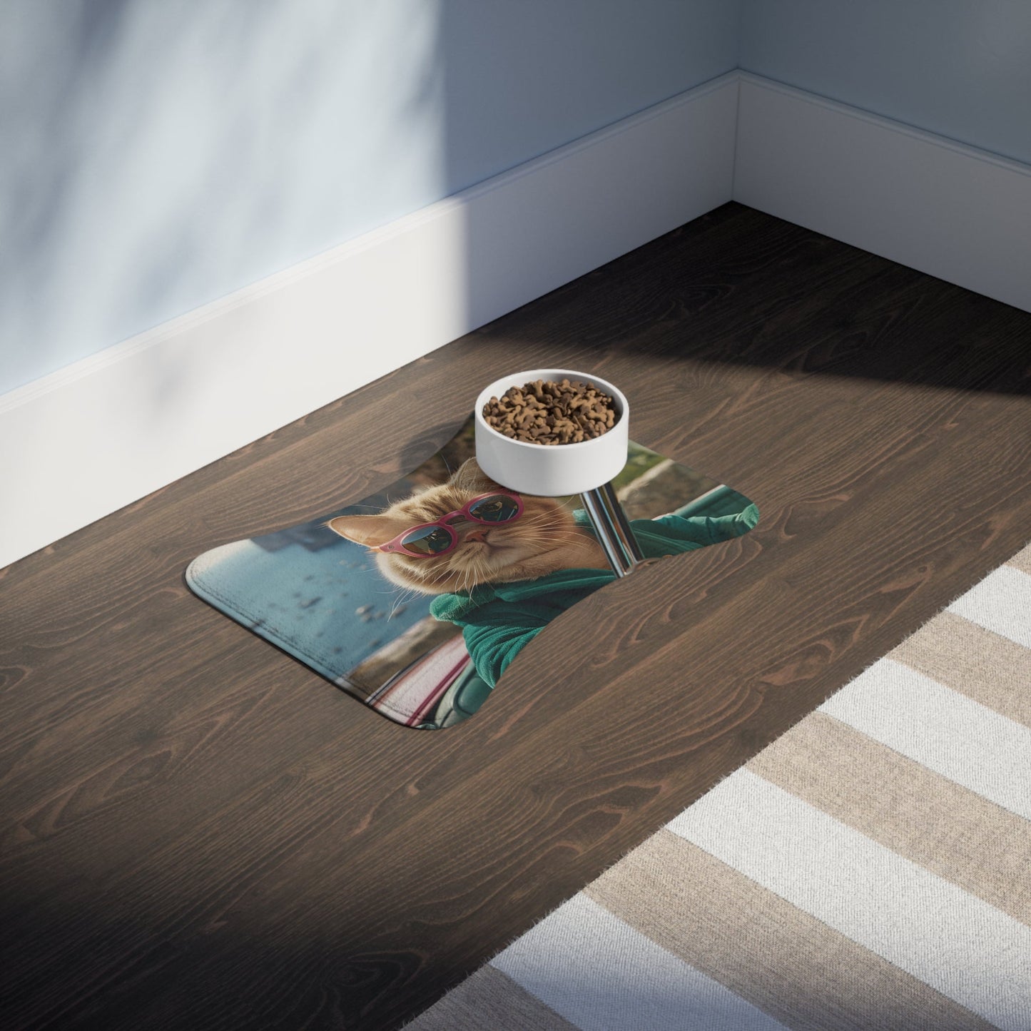 Sunglass-Wearing Feline Pet Food Mats - Available in 3 Sizes