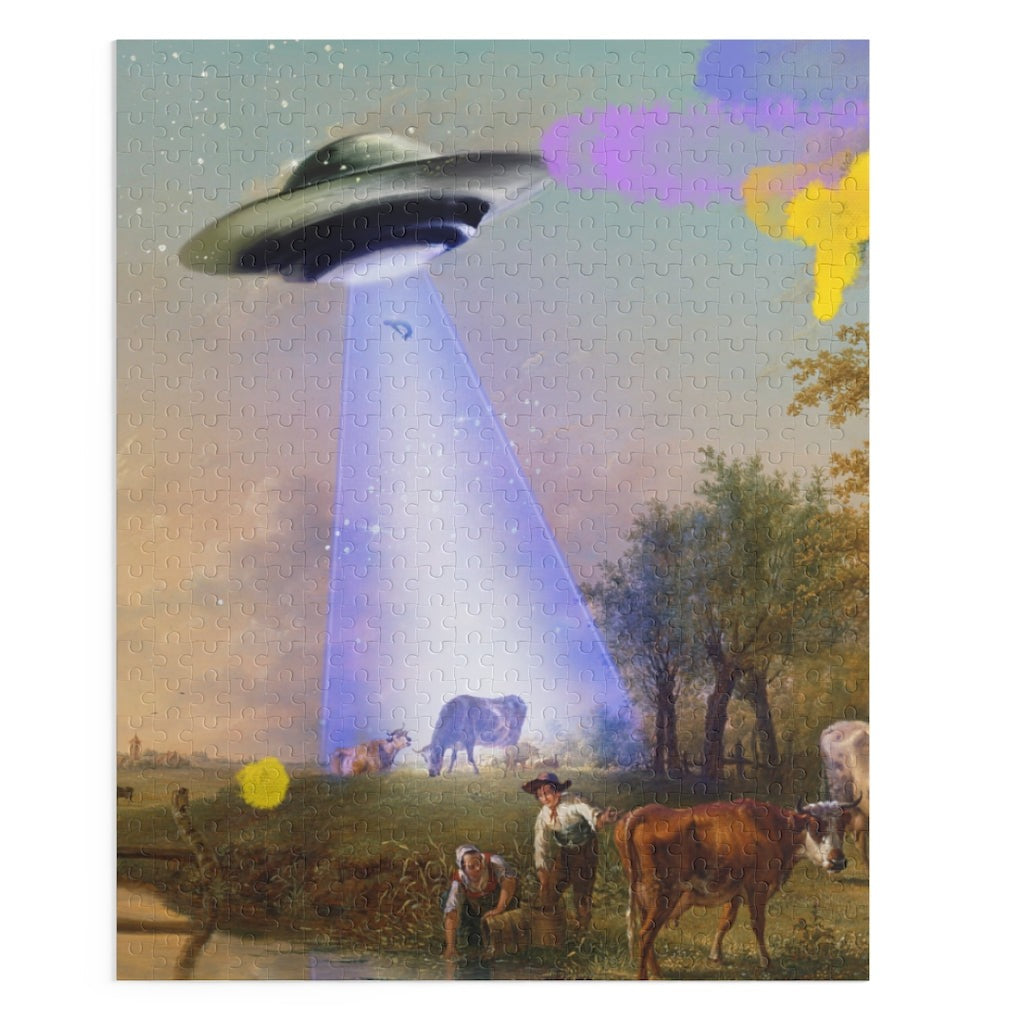 500-Piece Jigsaw Puzzle of a Cow Being Abducted by a UFO