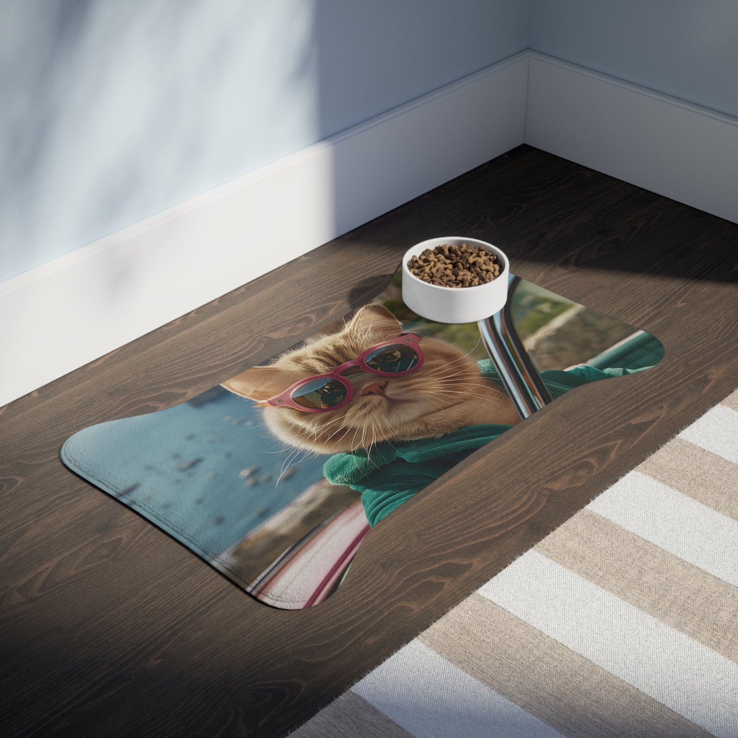 Sunglass-Wearing Feline Pet Food Mats - Available in 3 Sizes