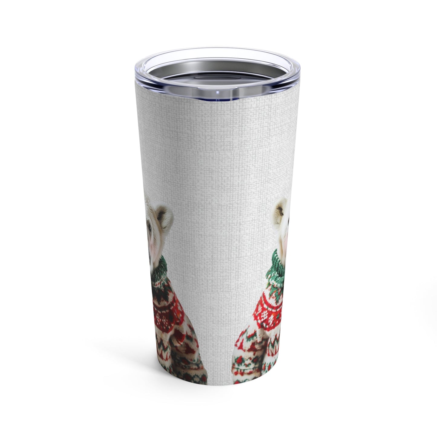 20oz Tumbler with a Christmas Sweater-Clad Polar Bear in Rosy Hue