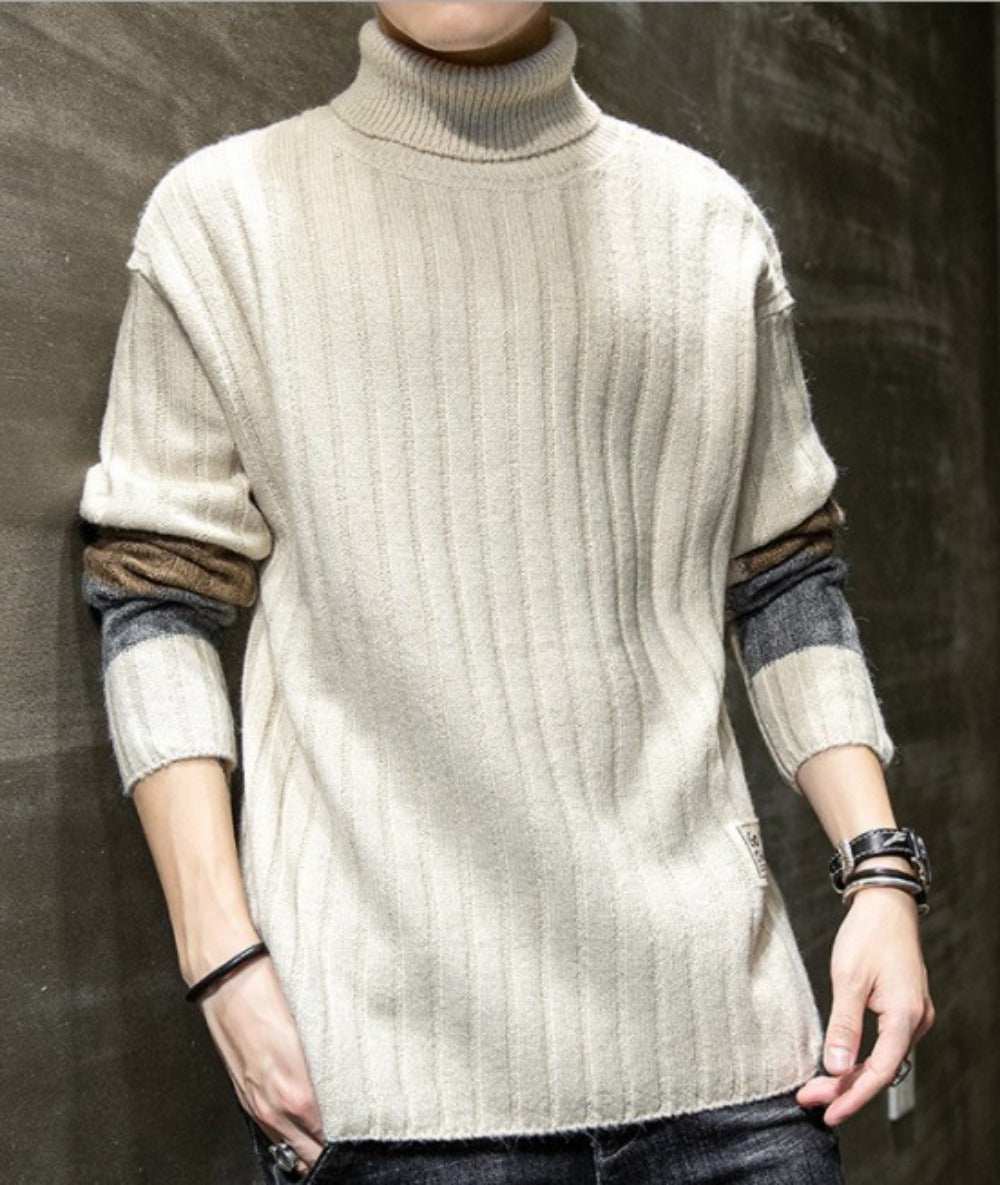 Stripe Sleeve Men's Turtleneck Sweater for Casual Wear