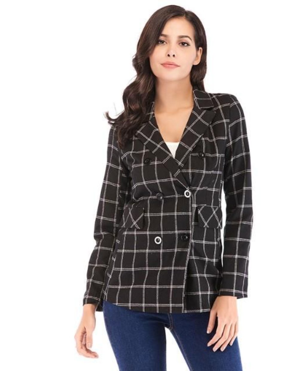 Black Checkered Double Breasted Blazer for Women