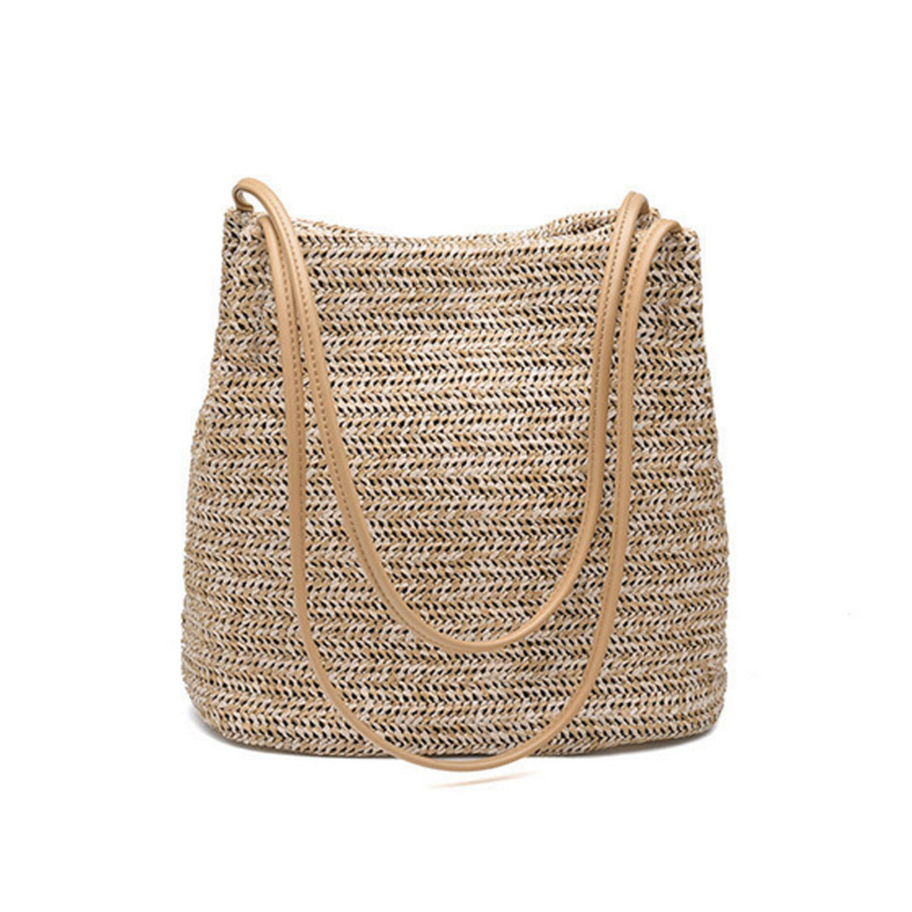 Sleek Faux Leather Handle Woven Straw Bag
