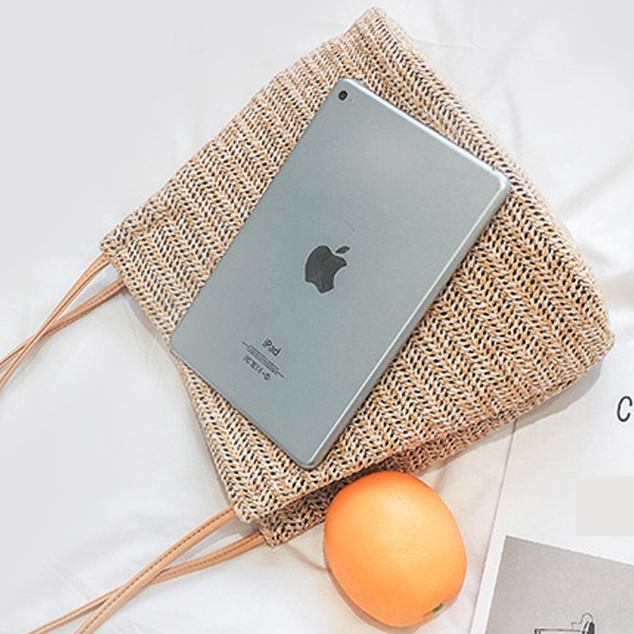 Sleek Faux Leather Handle Woven Straw Bag