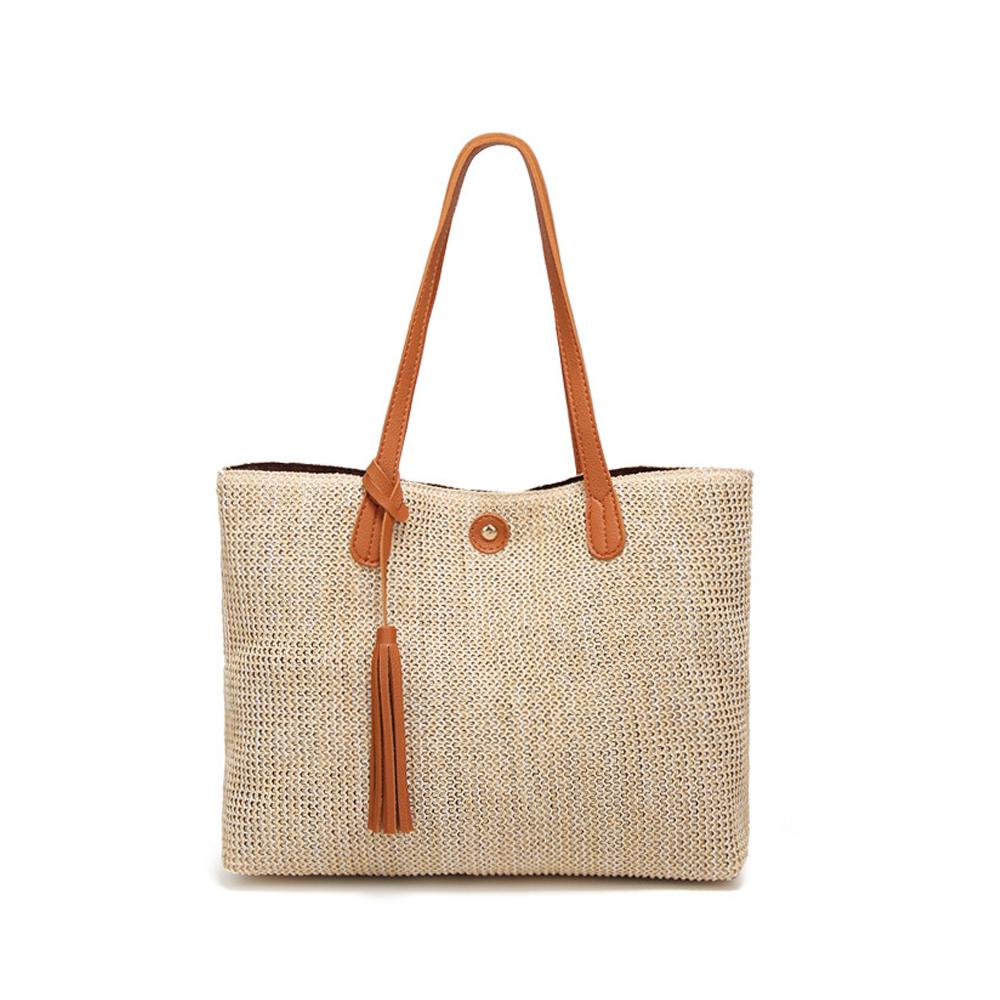 Vegan Leather Accented Tote Bag with Tassel