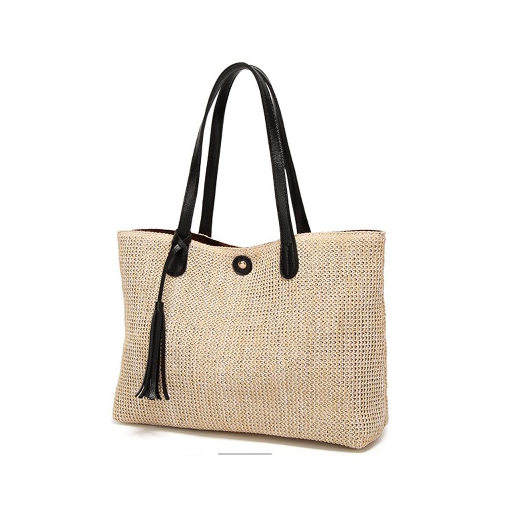 Vegan Leather Accented Tote Bag with Tassel