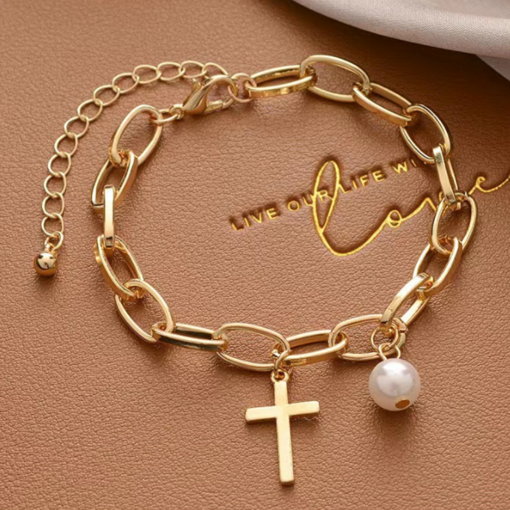 Oval Link Bracelet for Women with Cross Pendant and Imitation Pearl