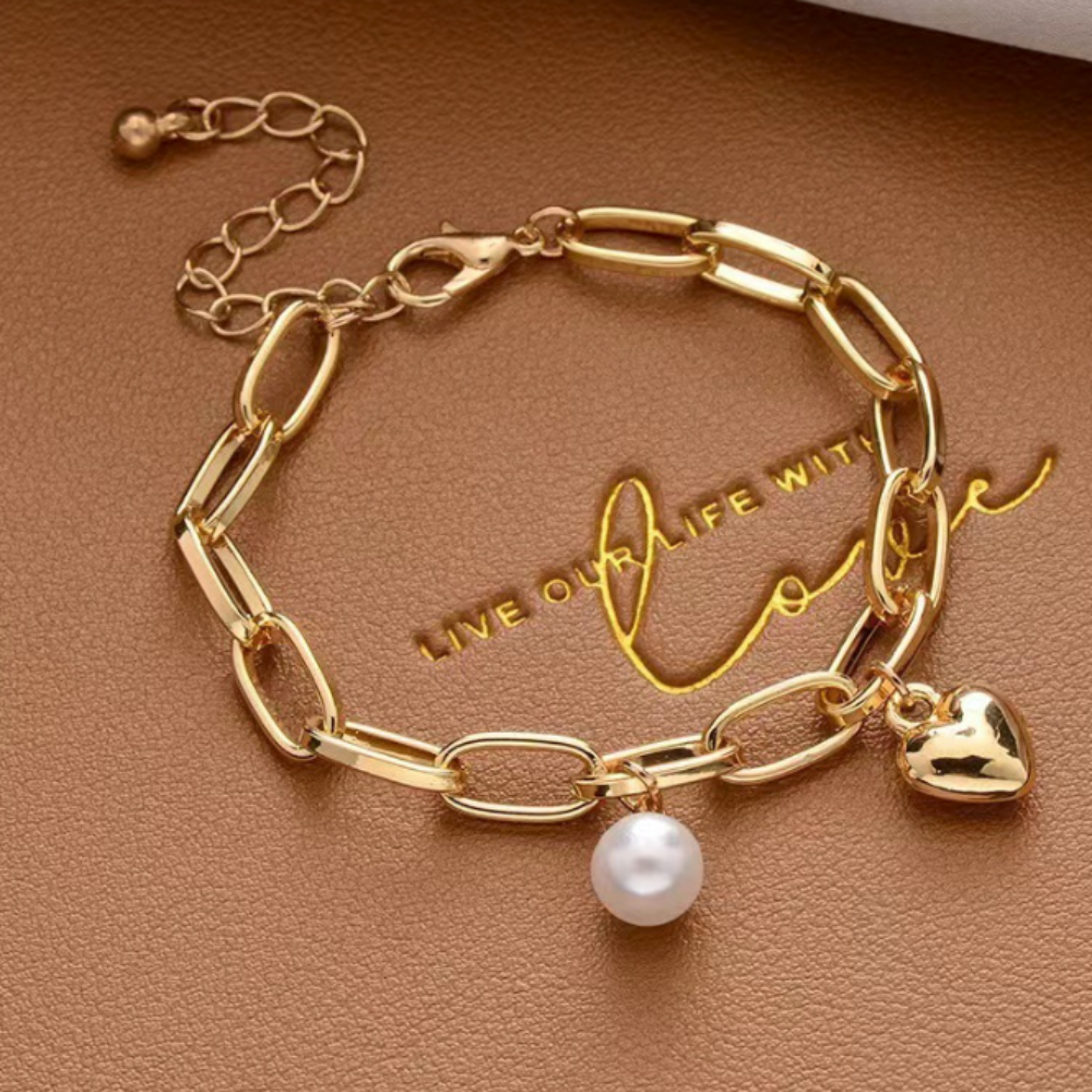 Pearl Heart Charm Oval Link Bracelet for Women