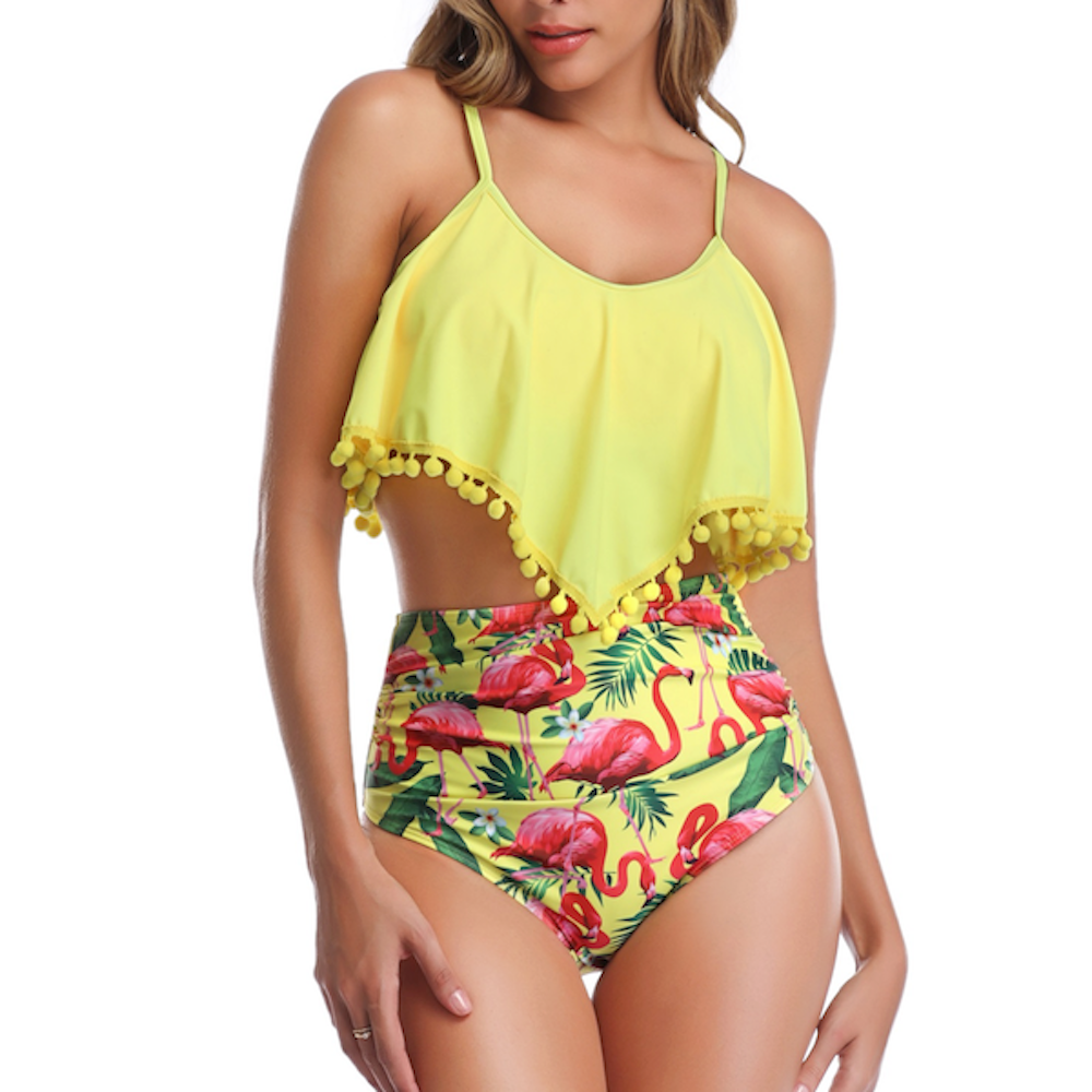 Tankini Set with Yellow Flamingo Print