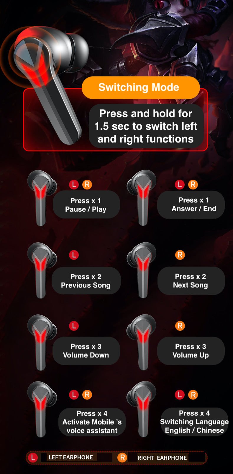 Bluetooth Earbuds with Fiery Red Dragon Design