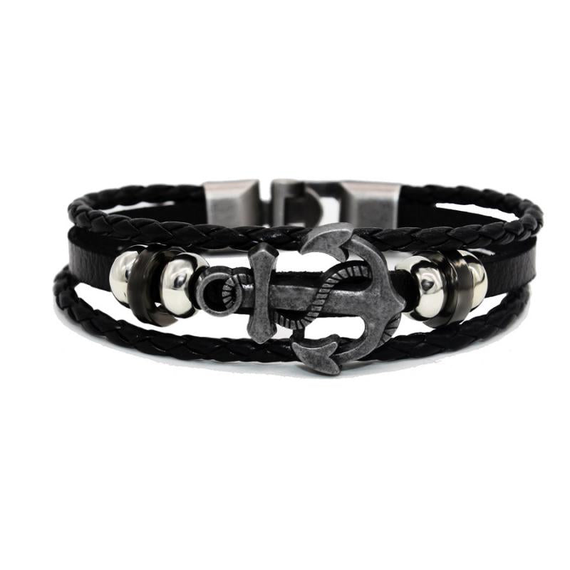 Vegan Leather Bracelet with Multi Layers and Anchor