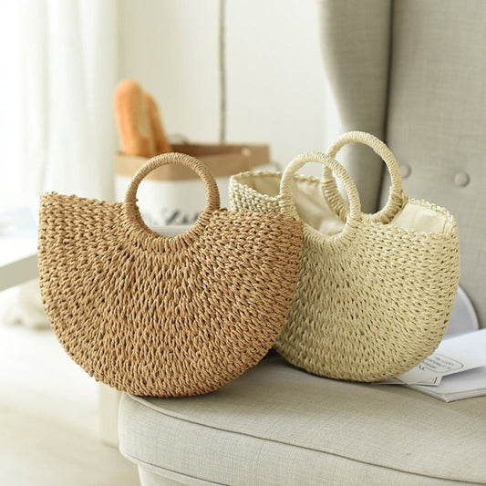Summer Top Handle Circular Straw Bag