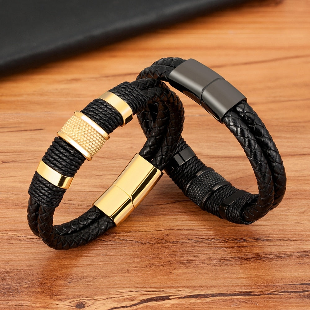 Stainless Steel Accented Vegan Leather Wristband